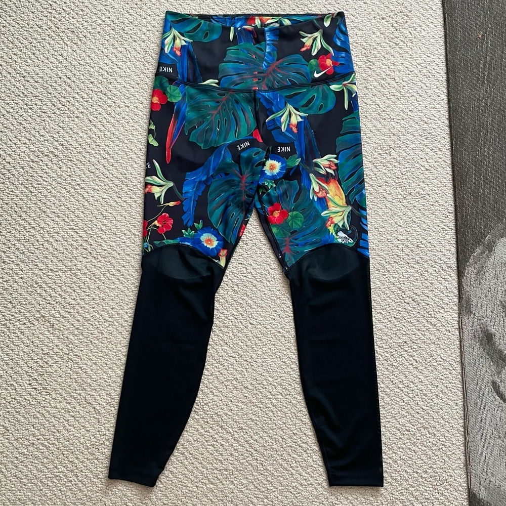 Nike Dri Fit womens high waist black mesh multi color tropical print leggings